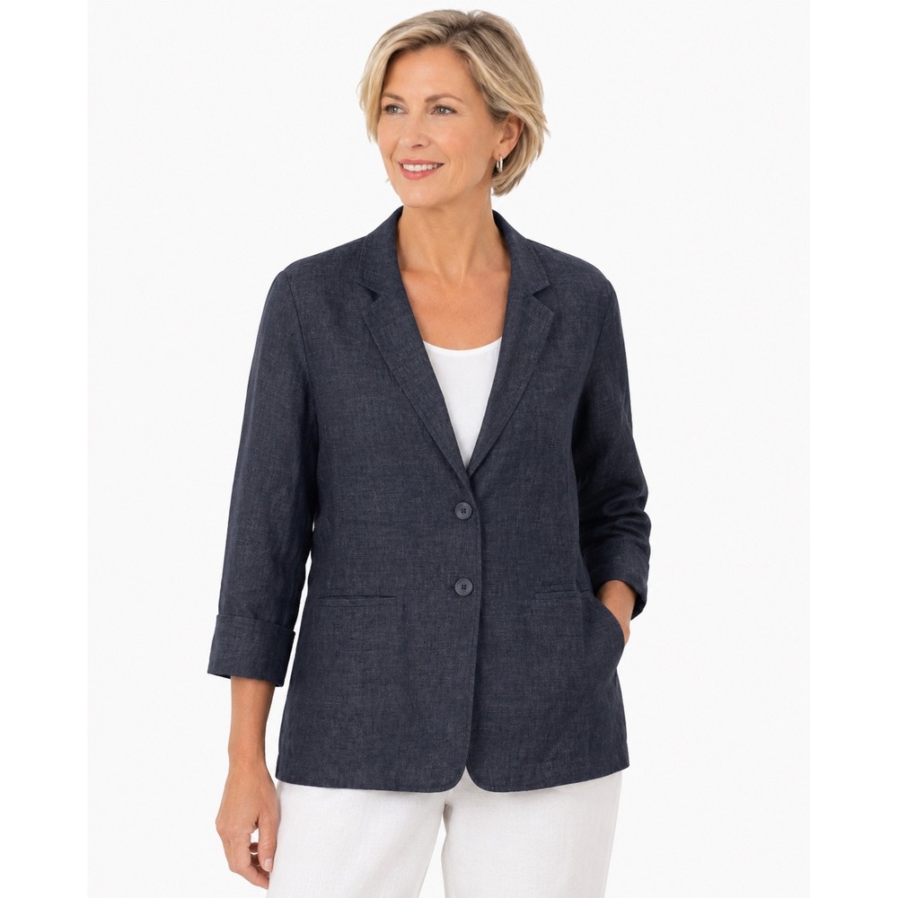Eileen‎ Fisher Petite Organic Linen Blazer Charcoal Gray Button Front Jacket PS